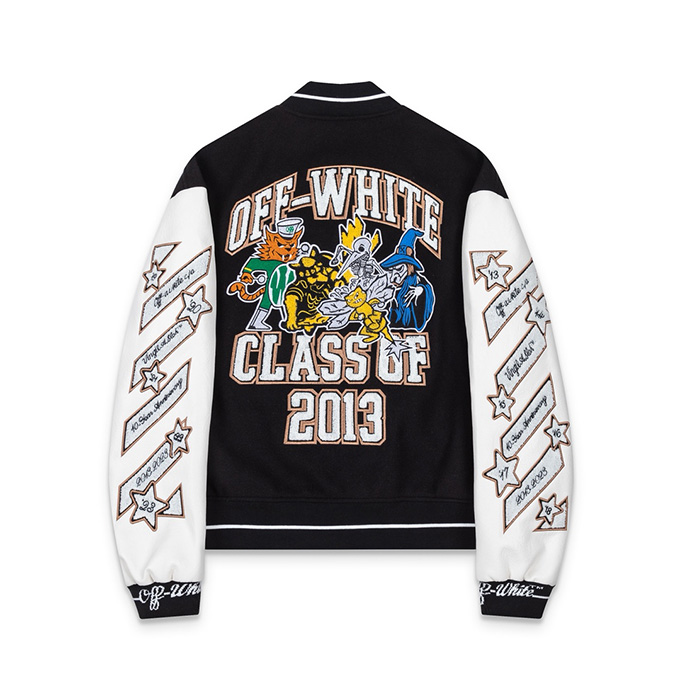 off white heavy embroidery color block varsity jacket